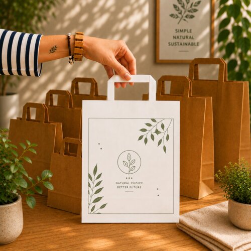 White paper bags, flat paper handle